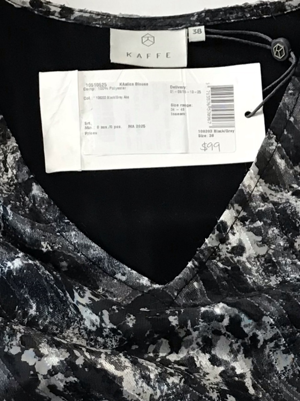 NWT KAFFE Ruffle Cascade V-Neck Semi Sheer Blouse 8 Black Grey White Abstract - Picture 2 of 12